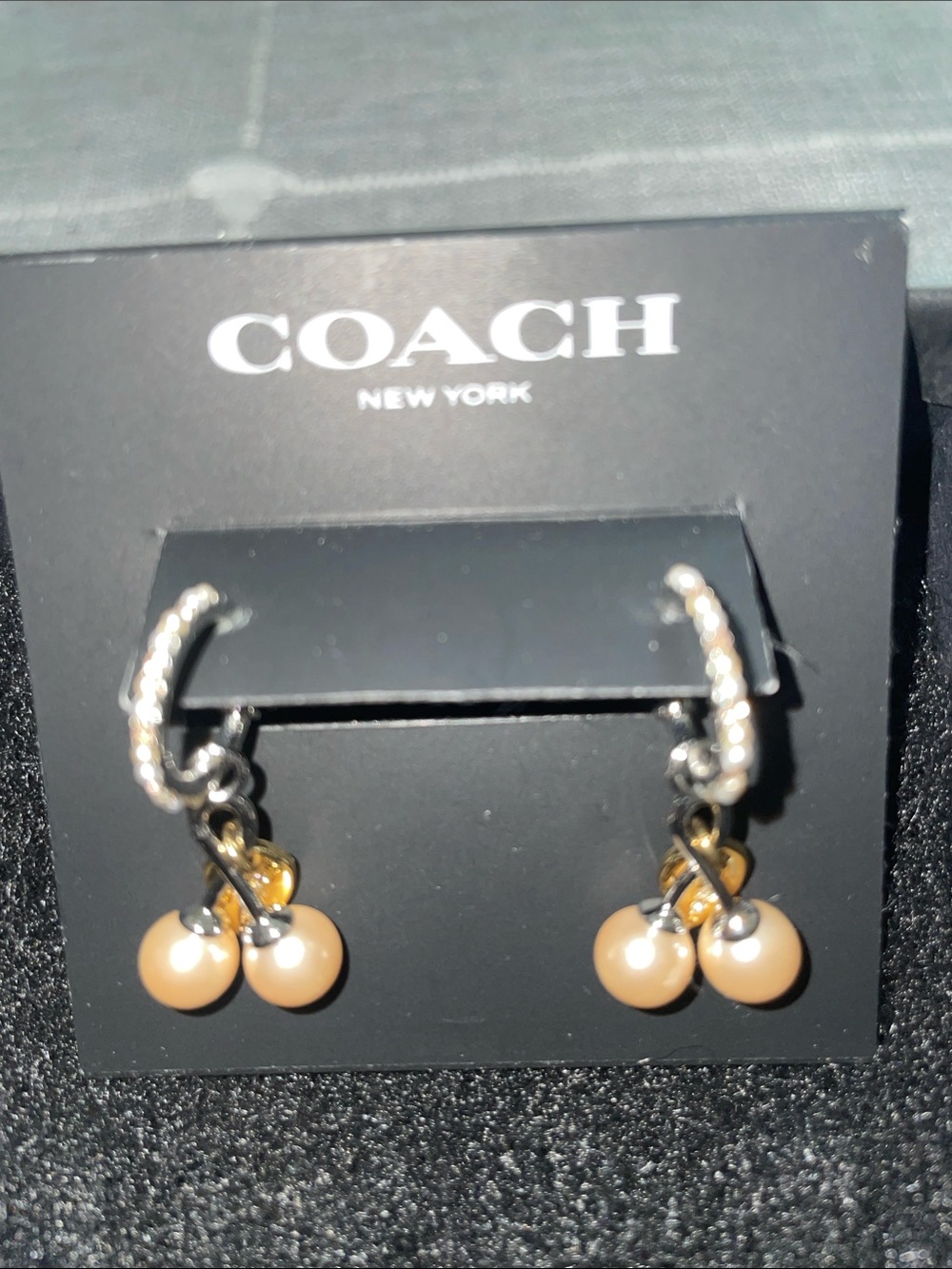 COACH Silver Hoop Earrings with Peach Pearl Drops